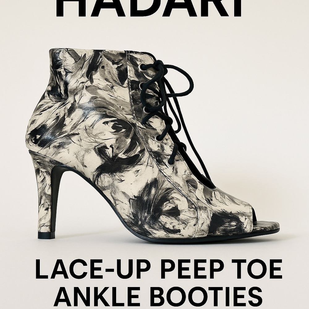 Hadari Women’s Lace-Up Peep Toe Ankle Booties Size 10 Black White Abstract Heels